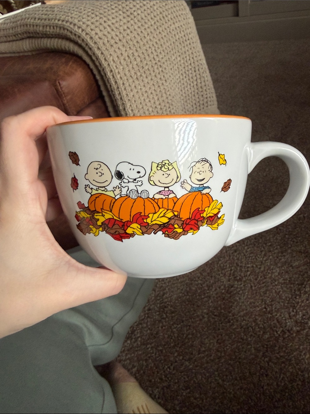 Peanuts White Ceramic Mug with Orange Rim and Fall Pumpkin Artwork